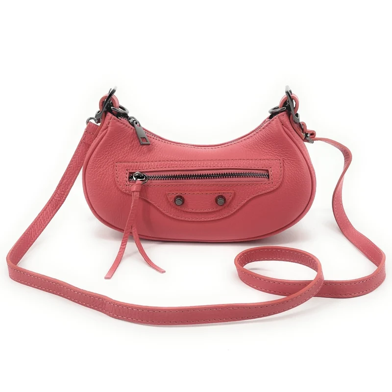 Sac à main demi-lune en cuir grainé LUNA PARK Rose corail