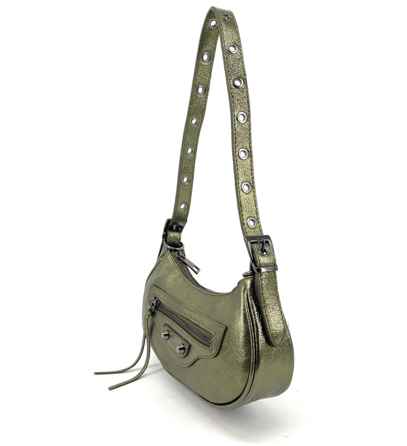 Sac à main demi-lune en cuir irisé LUNA PARK Kaki irisé