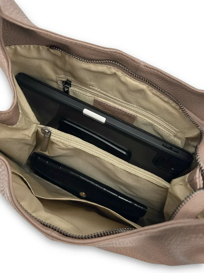 Sac porté épaule en cuir grainé BOSTON Taupe foncé