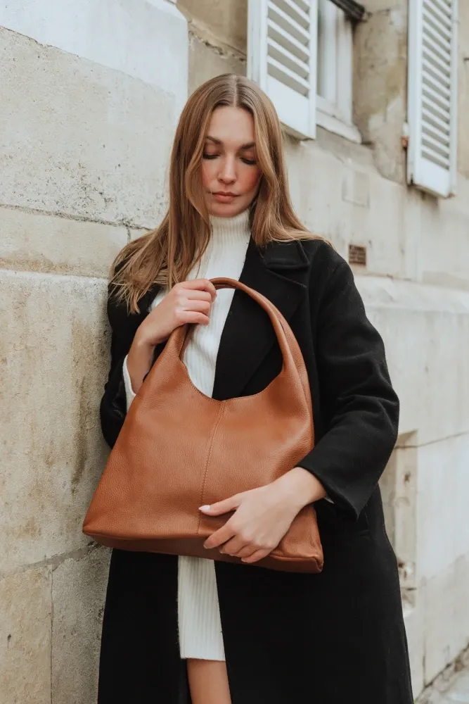 Sac porté épaule en cuir grainé BOSTON Cognac foncé
