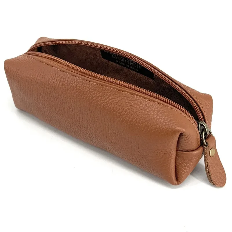 Trousse en cuir grainé TICTOC Marron camel foncé