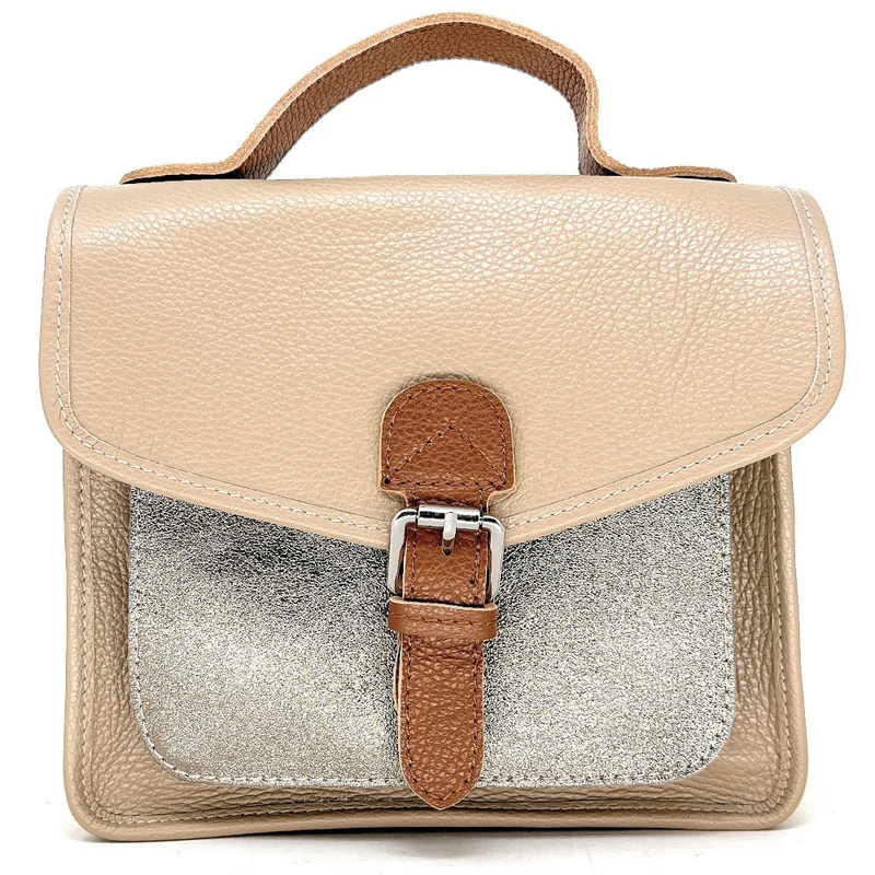 Sac cartable à bandoulière en cuir grainé et cuir irisé CORTE Taupe clair