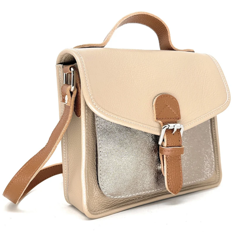 Sac cartable à bandoulière en cuir grainé et cuir irisé CORTE Taupe clair
