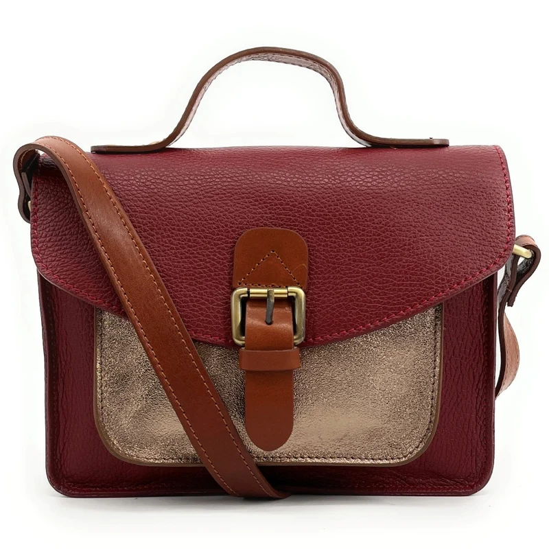 Sac cartable à bandoulière en cuir grainé et cuir irisé CORTE Rouge foncé