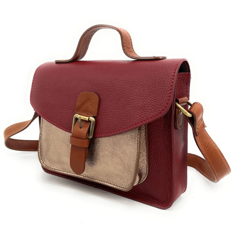 Sac cartable à bandoulière en cuir grainé et cuir irisé CORTE Rouge foncé