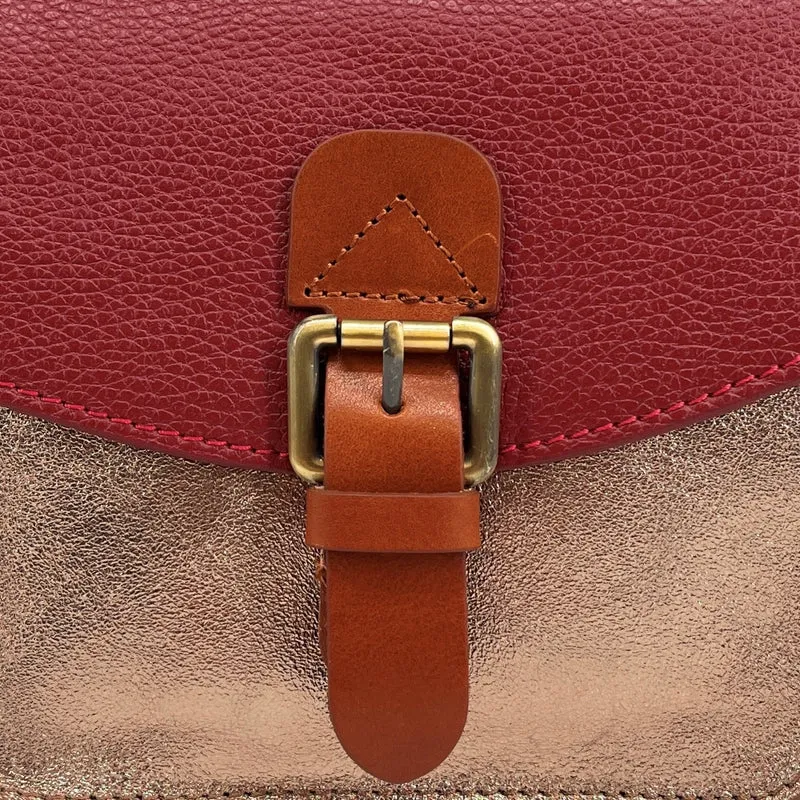 Sac cartable à bandoulière en cuir grainé et cuir irisé CORTE Rouge foncé