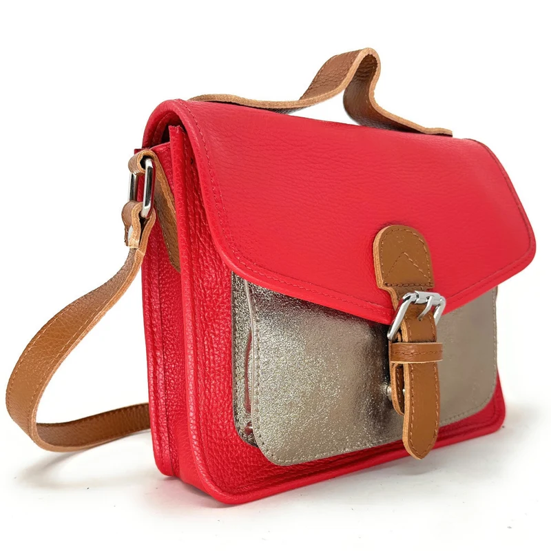 Sac cartable à bandoulière en cuir grainé et cuir irisé CORTE Rouge garance