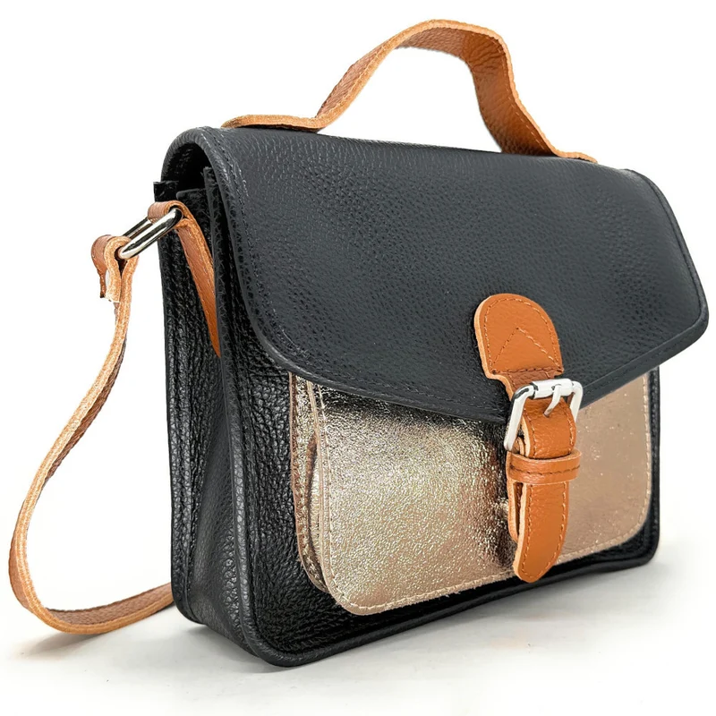 Sac cartable à bandoulière en cuir grainé et cuir irisé CORTE Noir