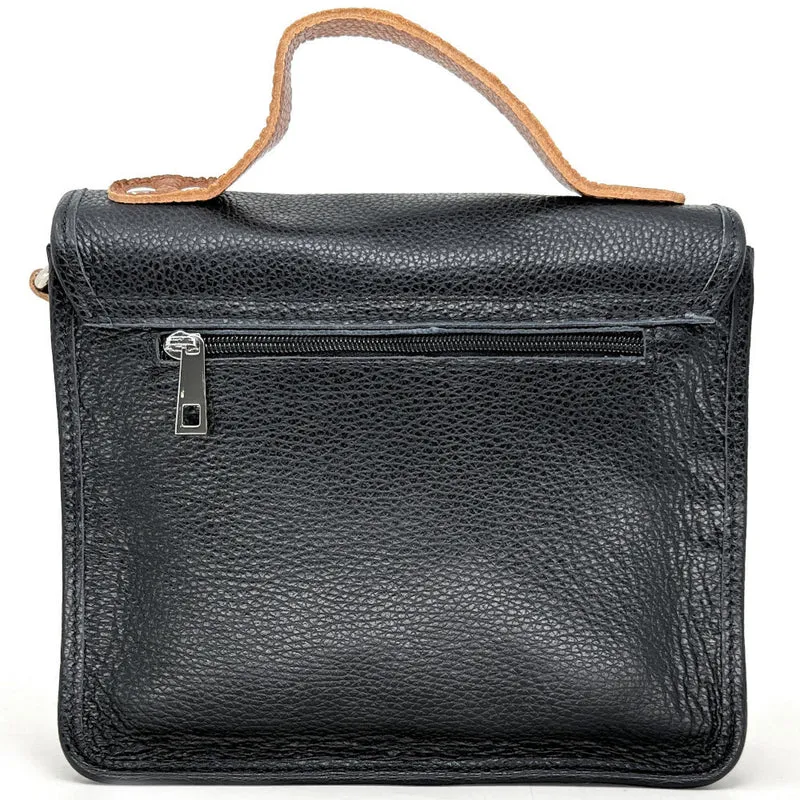Sac cartable à bandoulière en cuir grainé et cuir irisé CORTE Noir