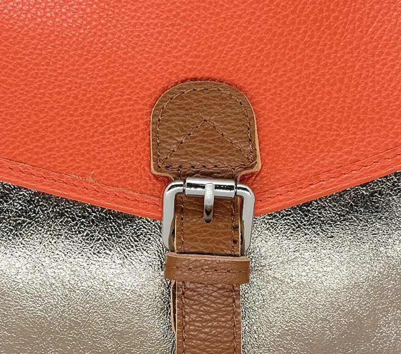Sac cartable à bandoulière en cuir grainé et cuir irisé CORTE Mandarine