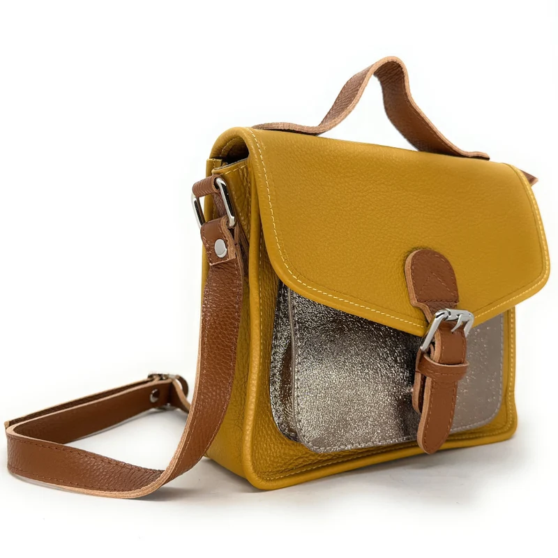 Sac cartable à bandoulière en cuir grainé et cuir irisé CORTE Jaune Moutarde