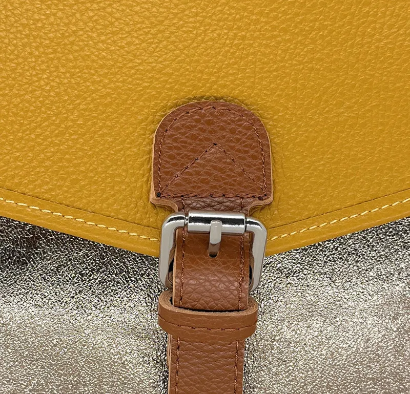 Sac cartable à bandoulière en cuir grainé et cuir irisé CORTE Jaune Moutarde