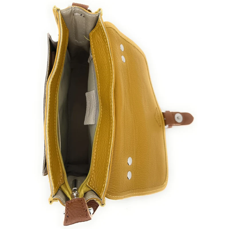 Sac cartable à bandoulière en cuir grainé et cuir irisé CORTE Jaune Moutarde