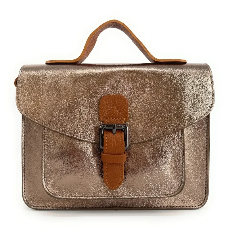 Sac cartable à bandoulière en cuir grainé et cuir irisé CORTE Champagne irisé