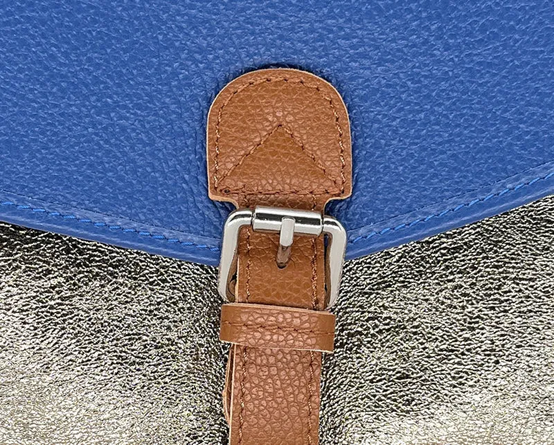 Sac cartable à bandoulière en cuir grainé et cuir irisé CORTE Bleu roi