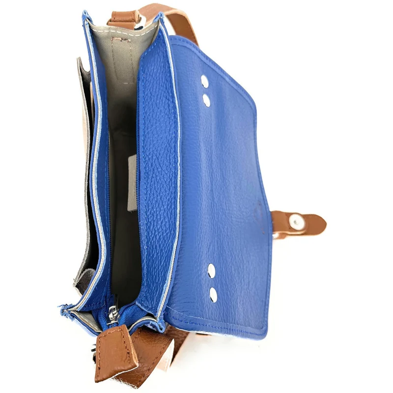 Sac cartable à bandoulière en cuir grainé et cuir irisé CORTE Bleu roi