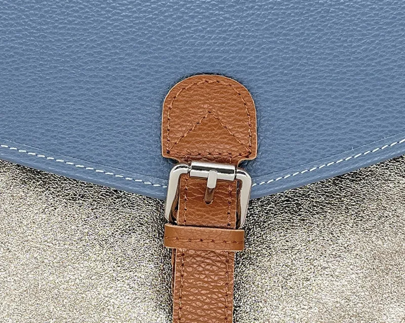 Sac cartable à bandoulière en cuir grainé et cuir irisé CORTE Bleu glacier
