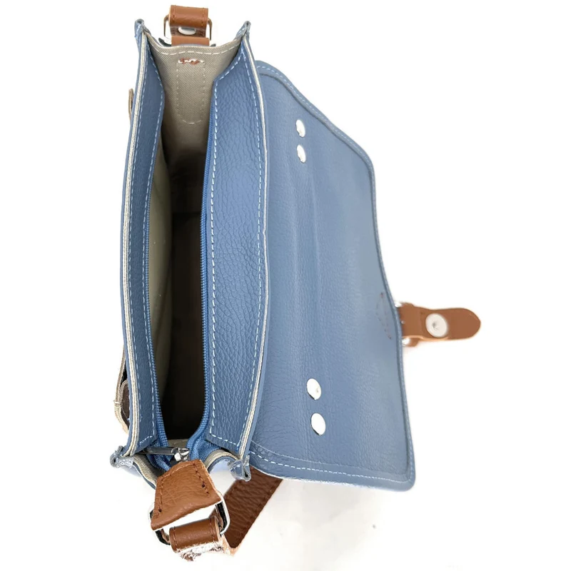 Sac cartable à bandoulière en cuir grainé et cuir irisé CORTE Bleu glacier