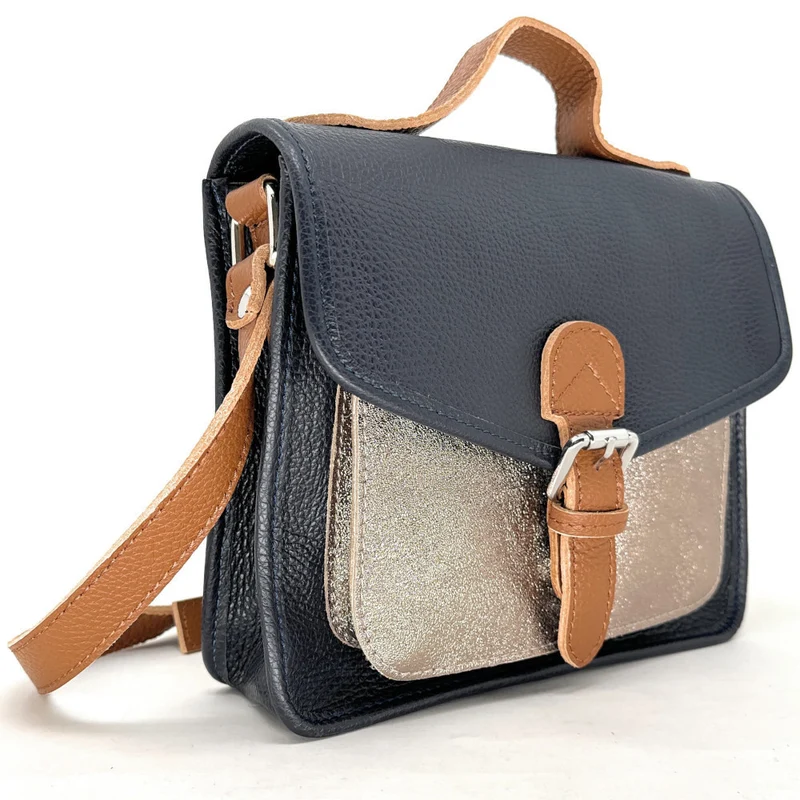 Sac cartable à bandoulière en cuir grainé et cuir irisé CORTE Bleu marine