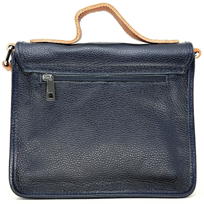 Sac cartable à bandoulière en cuir grainé et cuir irisé CORTE Bleu marine