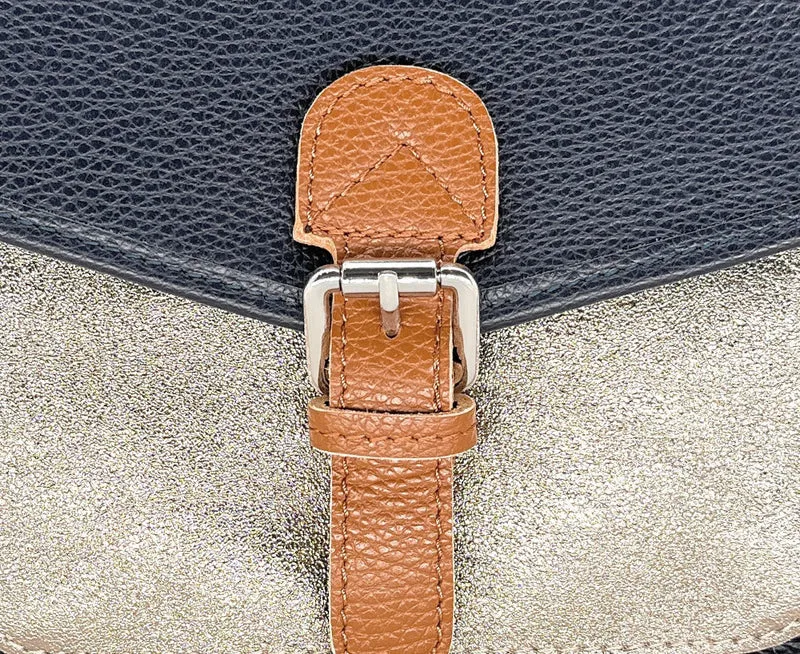Sac cartable à bandoulière en cuir grainé et cuir irisé CORTE Bleu marine