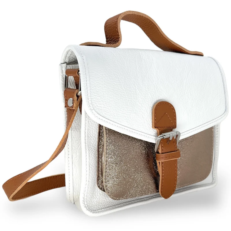 Sac cartable à bandoulière en cuir grainé et cuir irisé CORTE Blanc