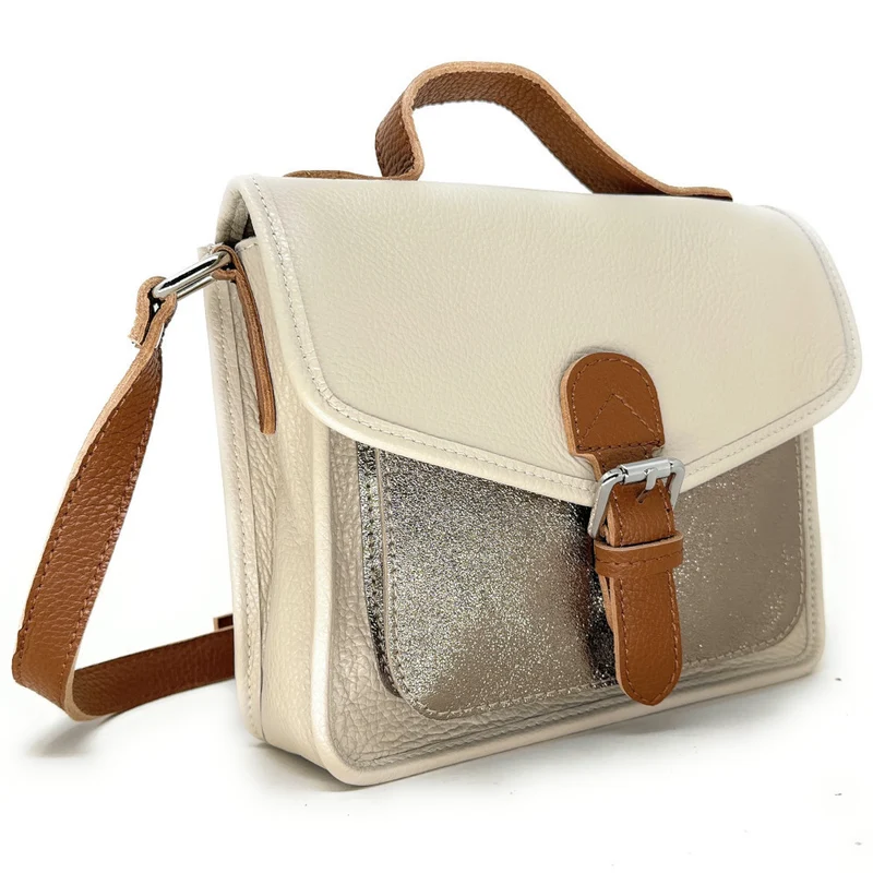 Sac cartable à bandoulière en cuir grainé et cuir irisé CORTE Beige crème