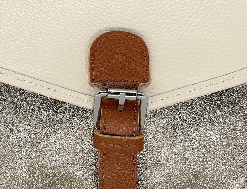 Sac cartable à bandoulière en cuir grainé et cuir irisé CORTE Beige crème