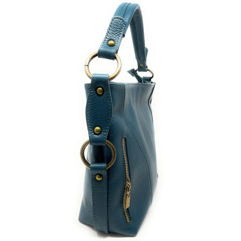 Sac à main en cuir grainé italien SETE B Bleu vert canard