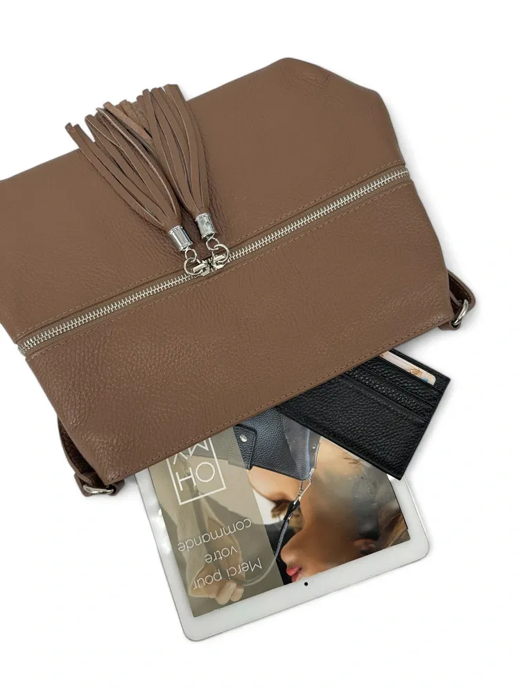 Sac bandoulière en cuir grainé LONDON Taupe foncé