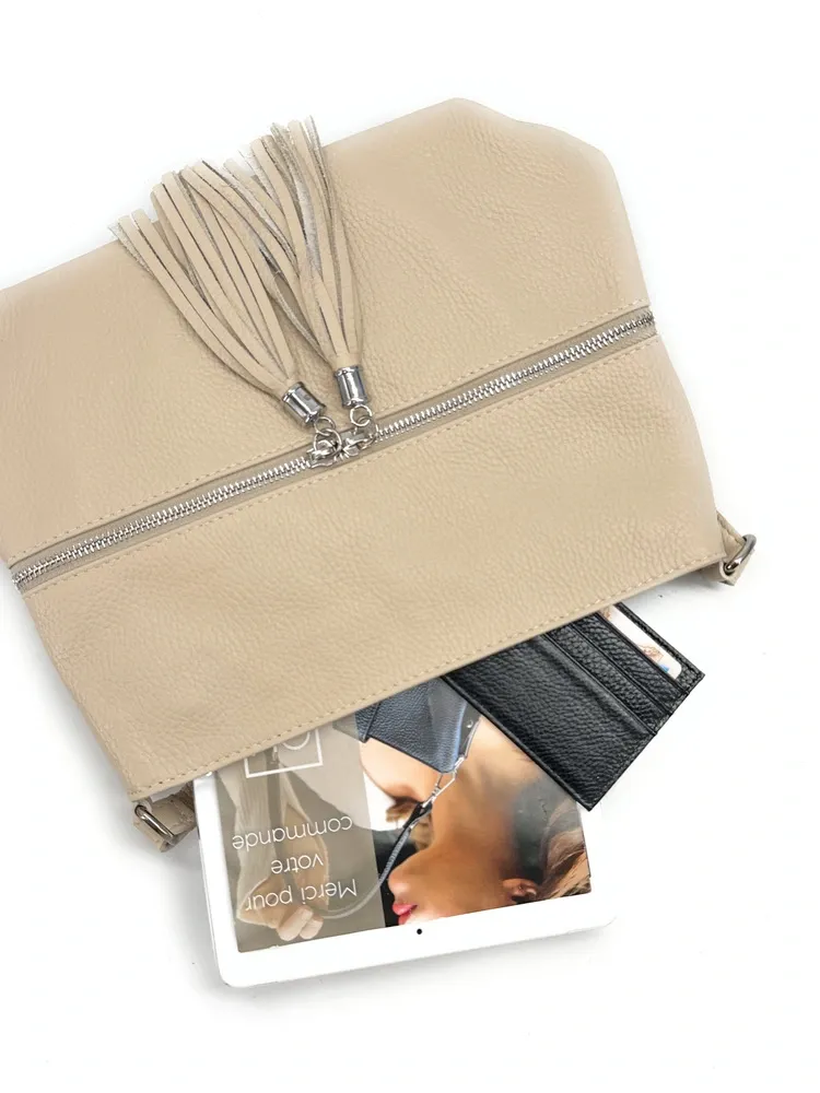 Sac bandoulière en cuir grainé LONDON Taupe clair