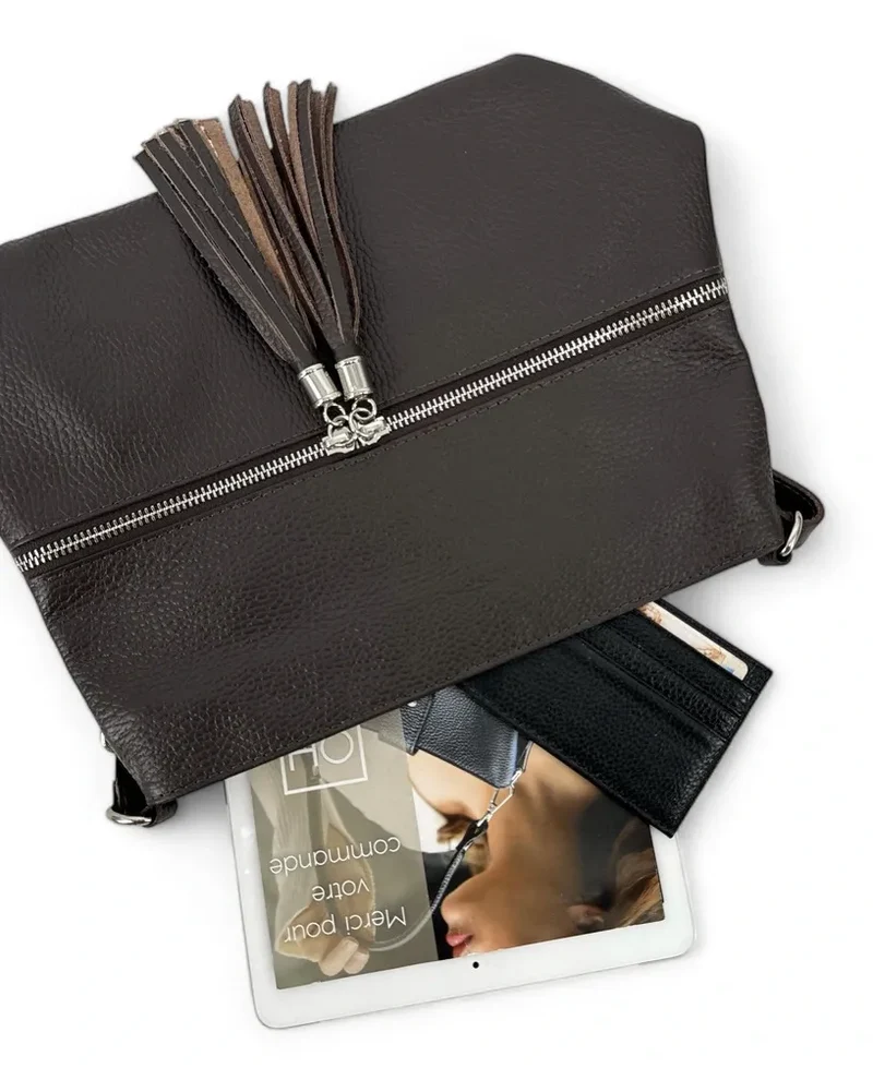 Sac bandoulière en cuir grainé LONDON Chocolat