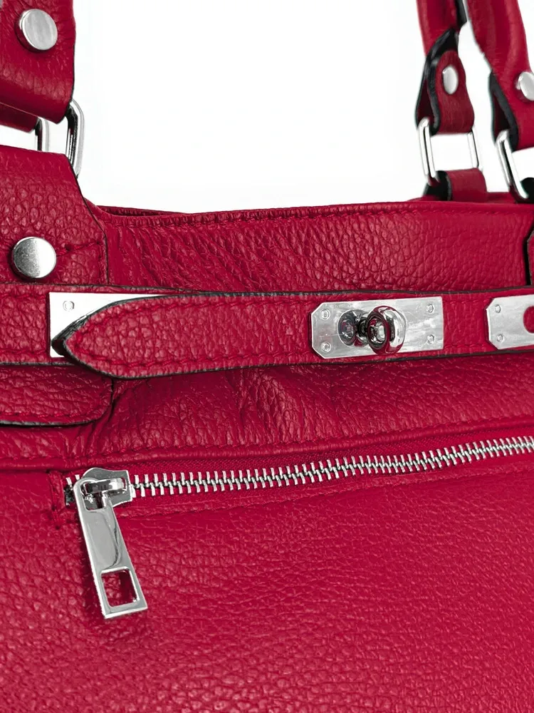 Sac cabas en cuir grainé JANET SILVER Rouge intense