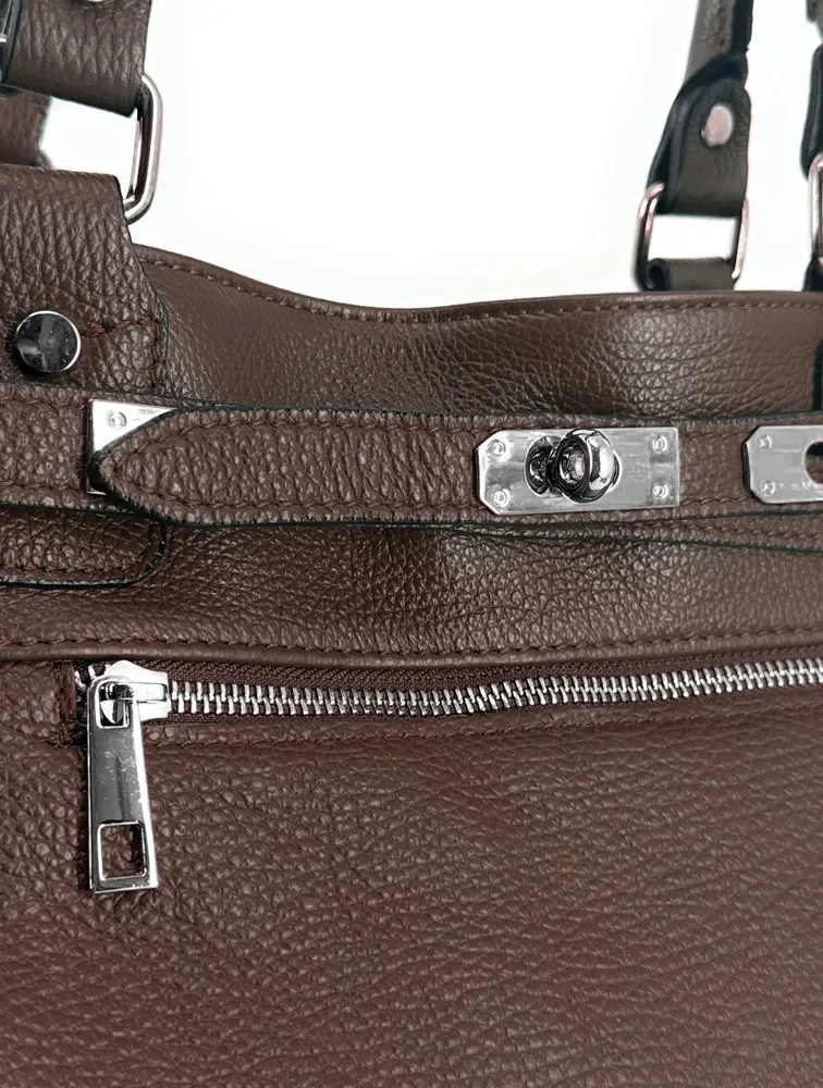 Sac cabas en cuir grainé JANET SILVER Marron Chocolat