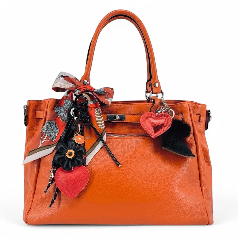 Sac cabas en cuir grainé JANET SILVER Orange mandarine