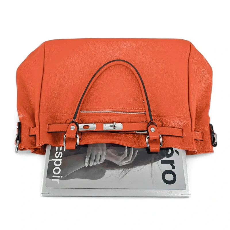 Sac cabas en cuir grainé JANET SILVER Orange mandarine