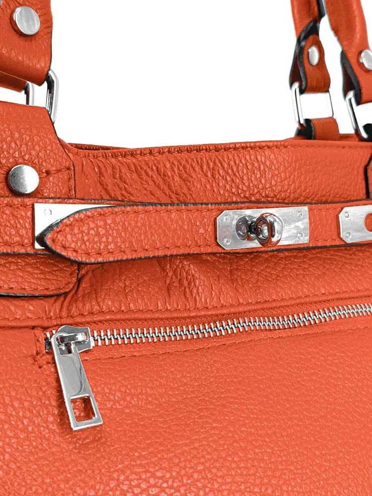 Sac cabas en cuir grainé JANET SILVER Orange mandarine