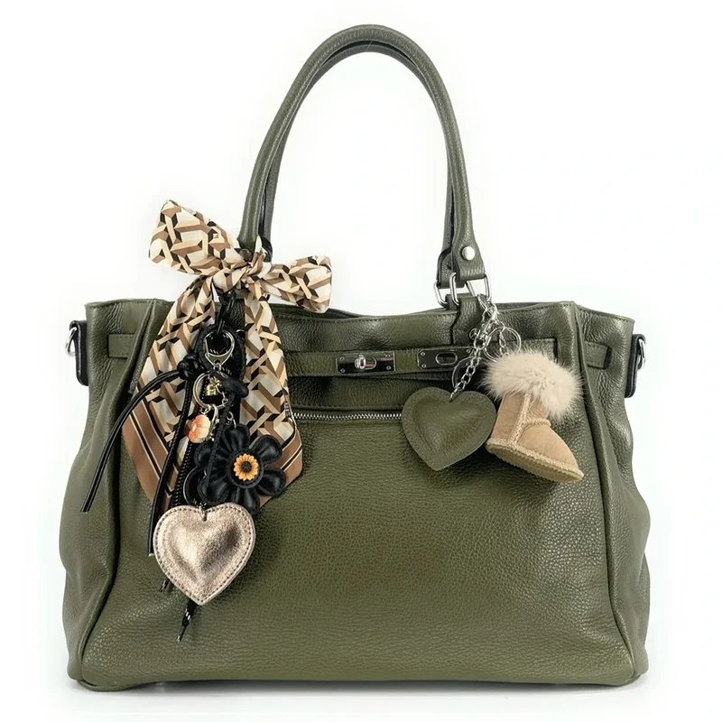 Sac cabas en cuir grainé JANET SILVER Vert Kaki