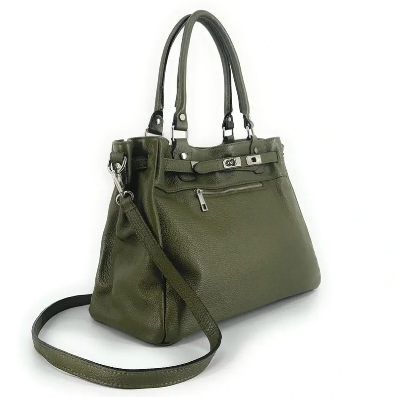 Sac cabas en cuir grainé JANET SILVER Vert Kaki