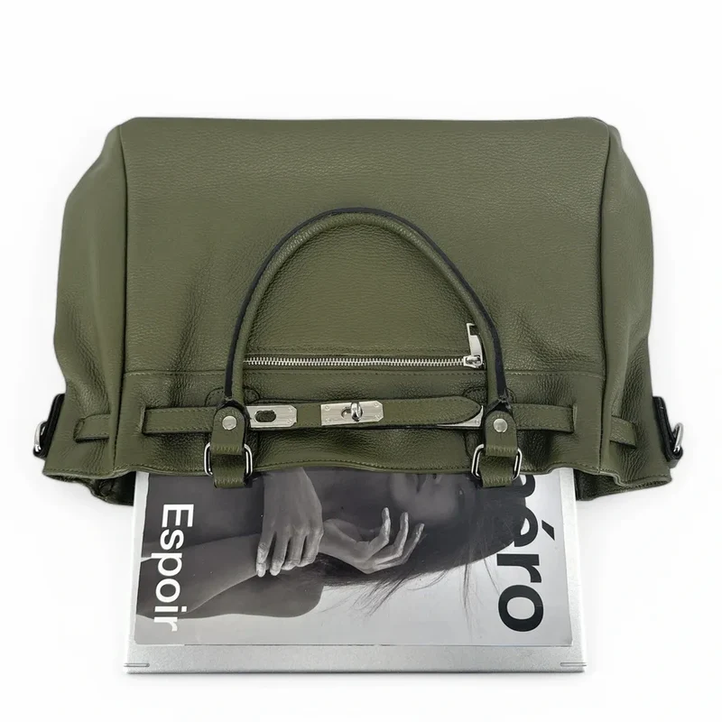 Sac cabas en cuir grainé JANET SILVER Vert Kaki