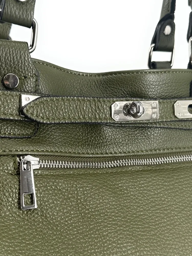Sac cabas en cuir grainé JANET SILVER Vert Kaki