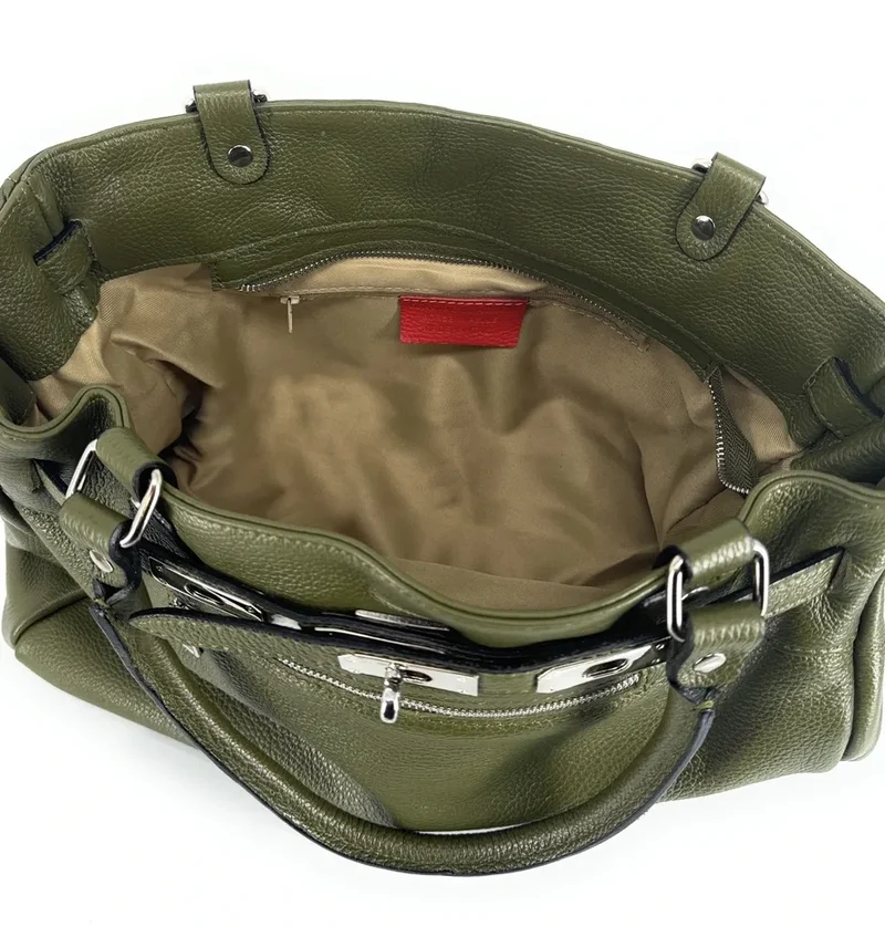 Sac cabas en cuir grainé JANET SILVER Vert Kaki