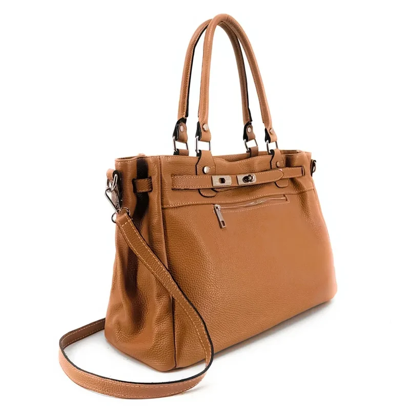 Sac cabas en cuir grainé JANET SILVER Marron Camel foncé