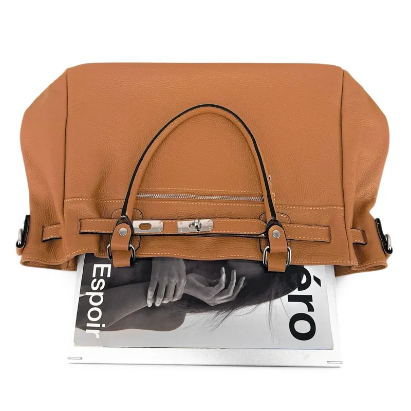 Sac cabas en cuir grainé JANET SILVER Marron Camel foncé