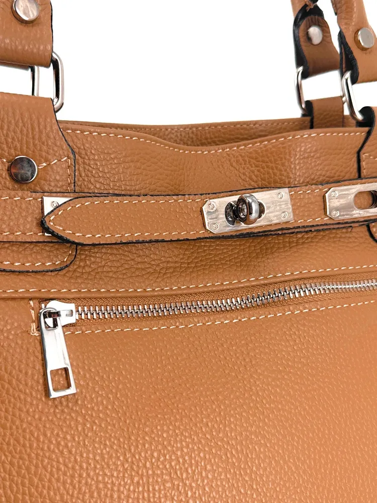 Sac cabas en cuir grainé JANET SILVER Marron Camel foncé