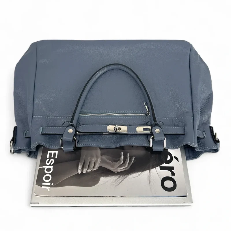 Sac cabas en cuir grainé JANET SILVER Bleu glacier