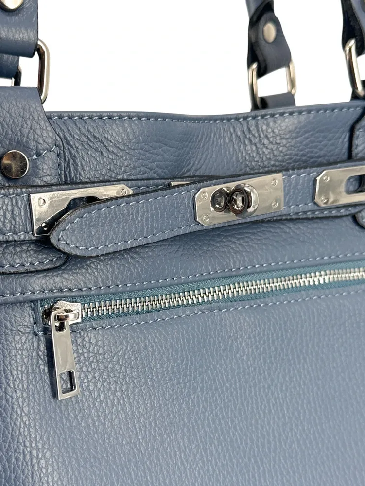Sac cabas en cuir grainé JANET SILVER Bleu glacier