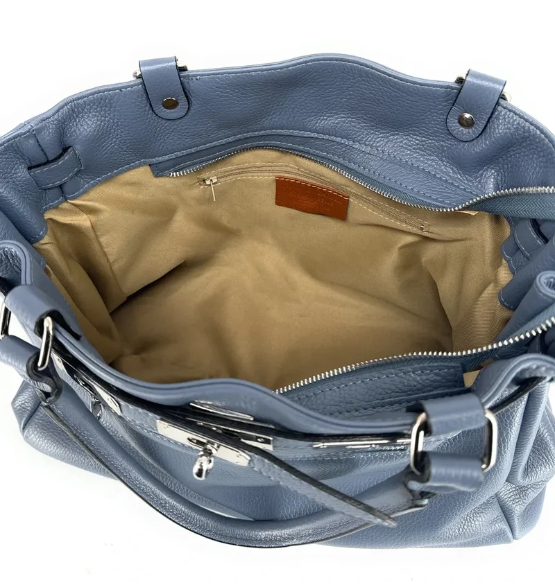 Sac cabas en cuir grainé JANET SILVER Bleu glacier