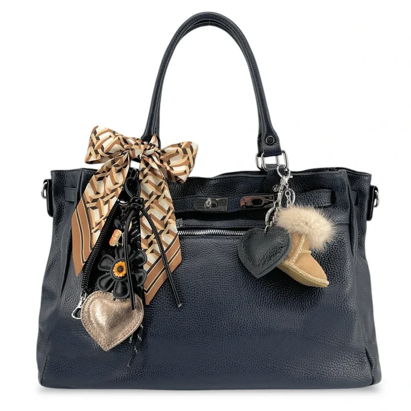 Sac cabas en cuir grainé JANET SILVER Bleu marine