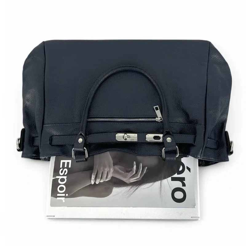 Sac cabas en cuir grainé JANET SILVER Bleu marine